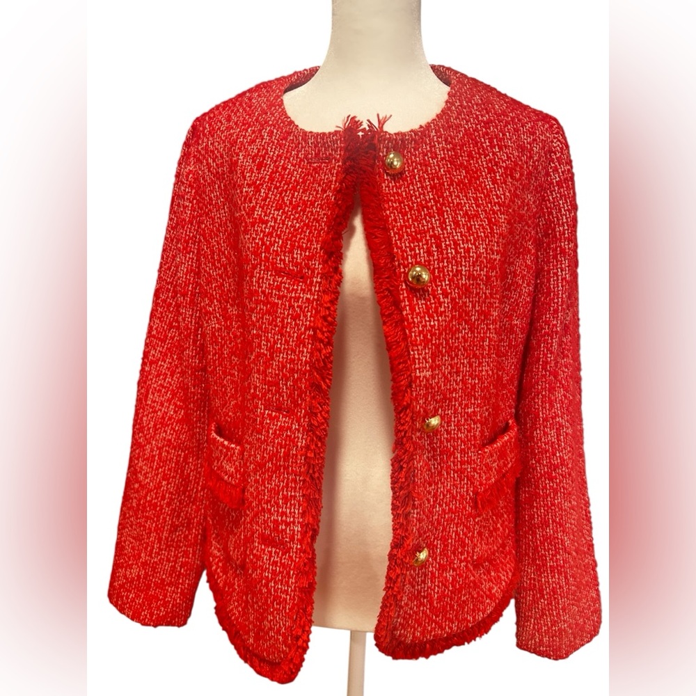 Talbots Red Tweed Blazer Jacket Gold Button Fringe Trim Classic Preppy Chic - Picture 2 of 4
